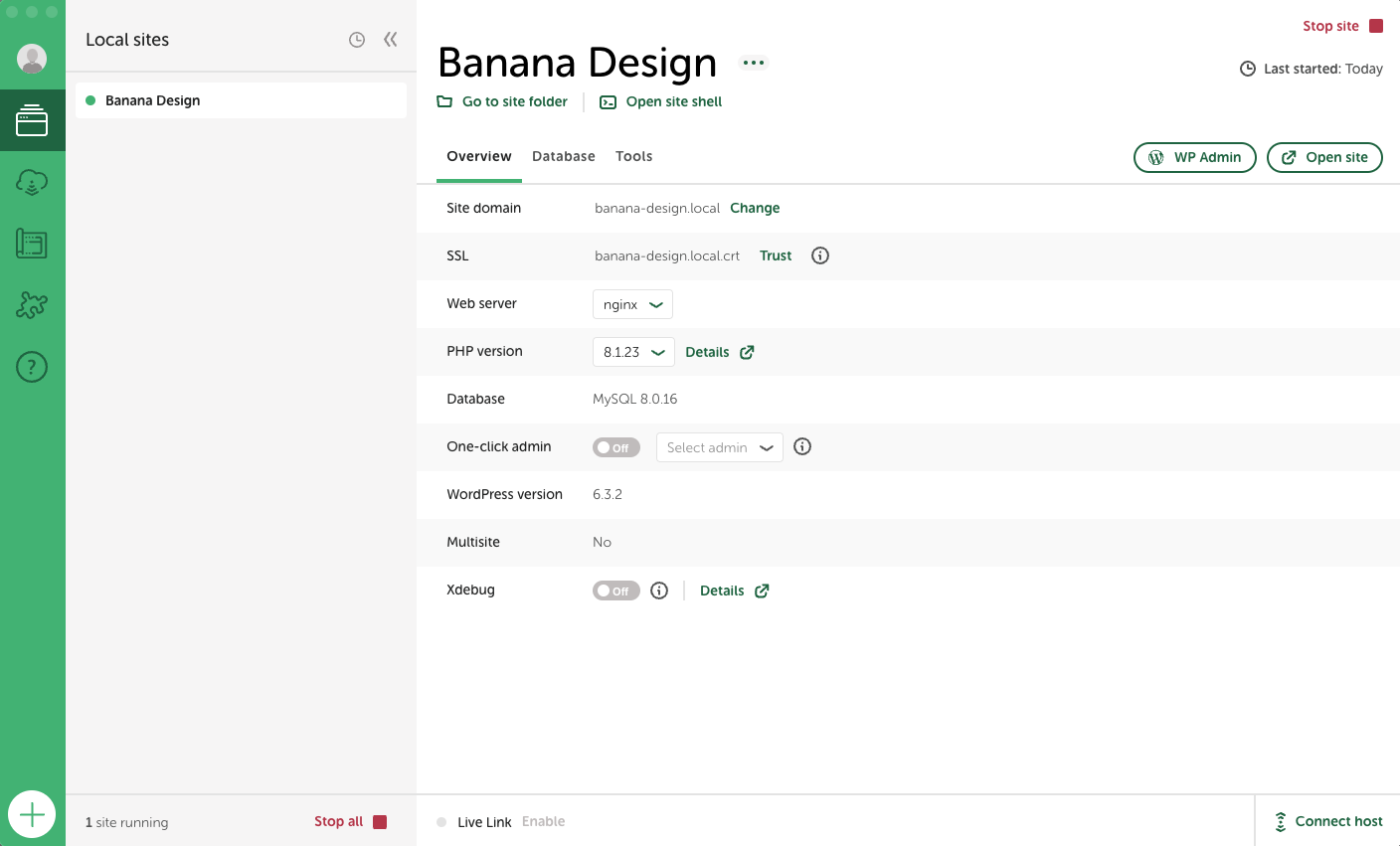 C'est l'interface de Local qui montre que le site Banana Design est enregistré sur l'outil