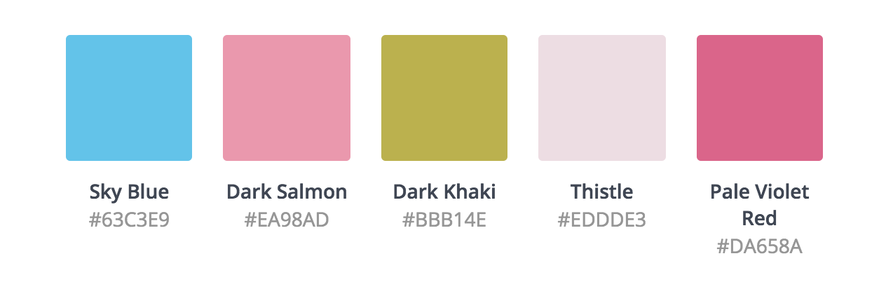 5 couleurs que nous avons choisies : sky blue #63C3E9, dark salmon #EA98AD, dark khaki #BBB14E, thistle #EDDDE3, pale violet red #DA658A