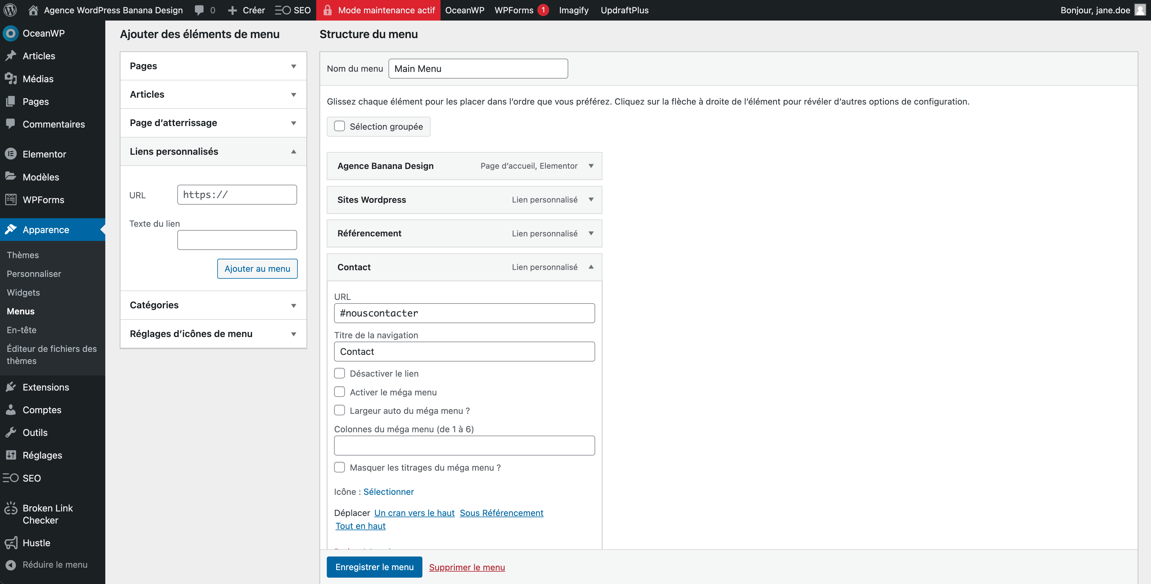 Dans l'onglet apparence, structurez votre menu de navigation