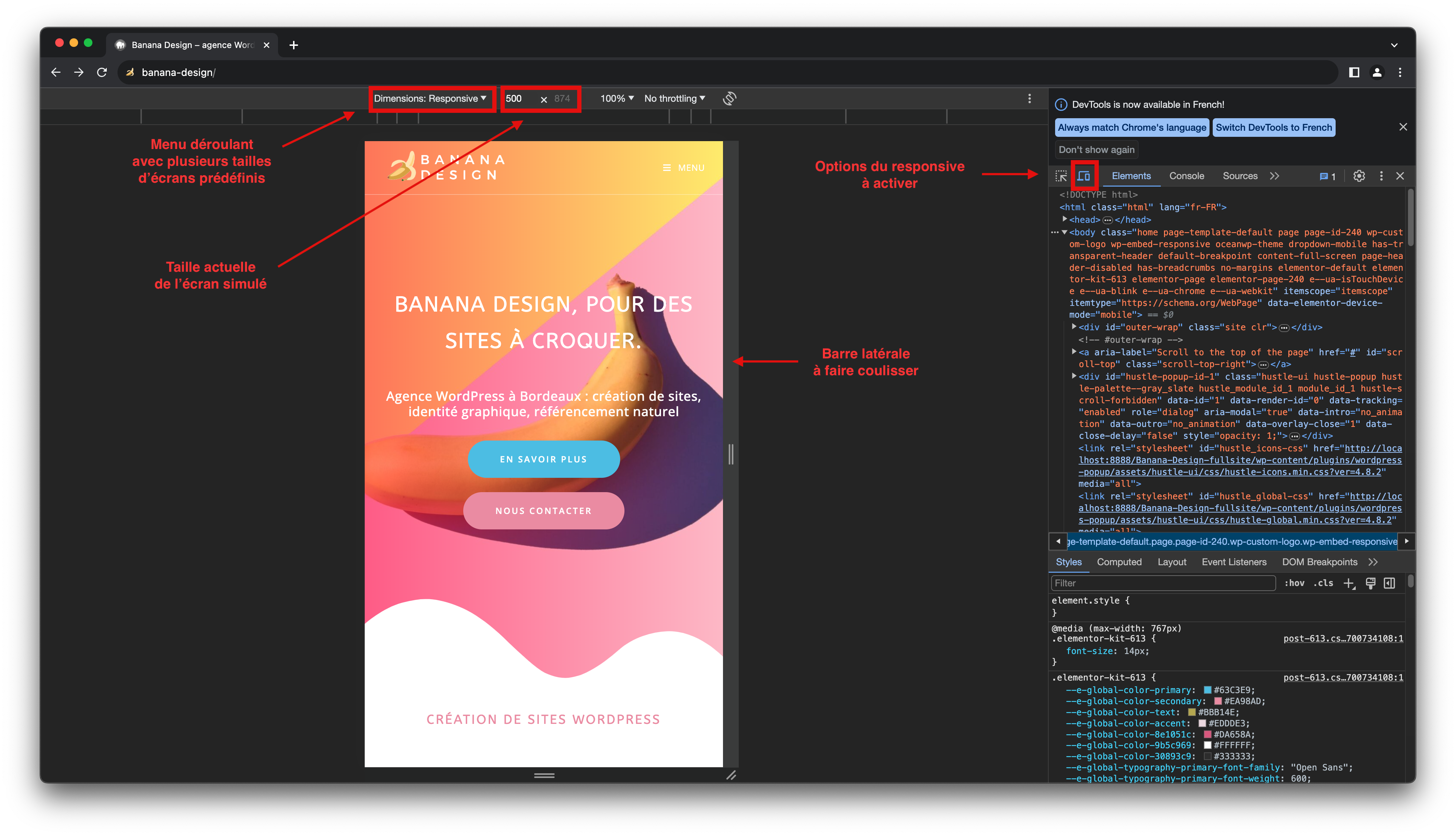 On voit le menu déroulant avec plusieurs tailles d'écrans possibles, la taille actuelle de l'écran simulé, les options du responsive à activer et la barre latérale à faire coulisser