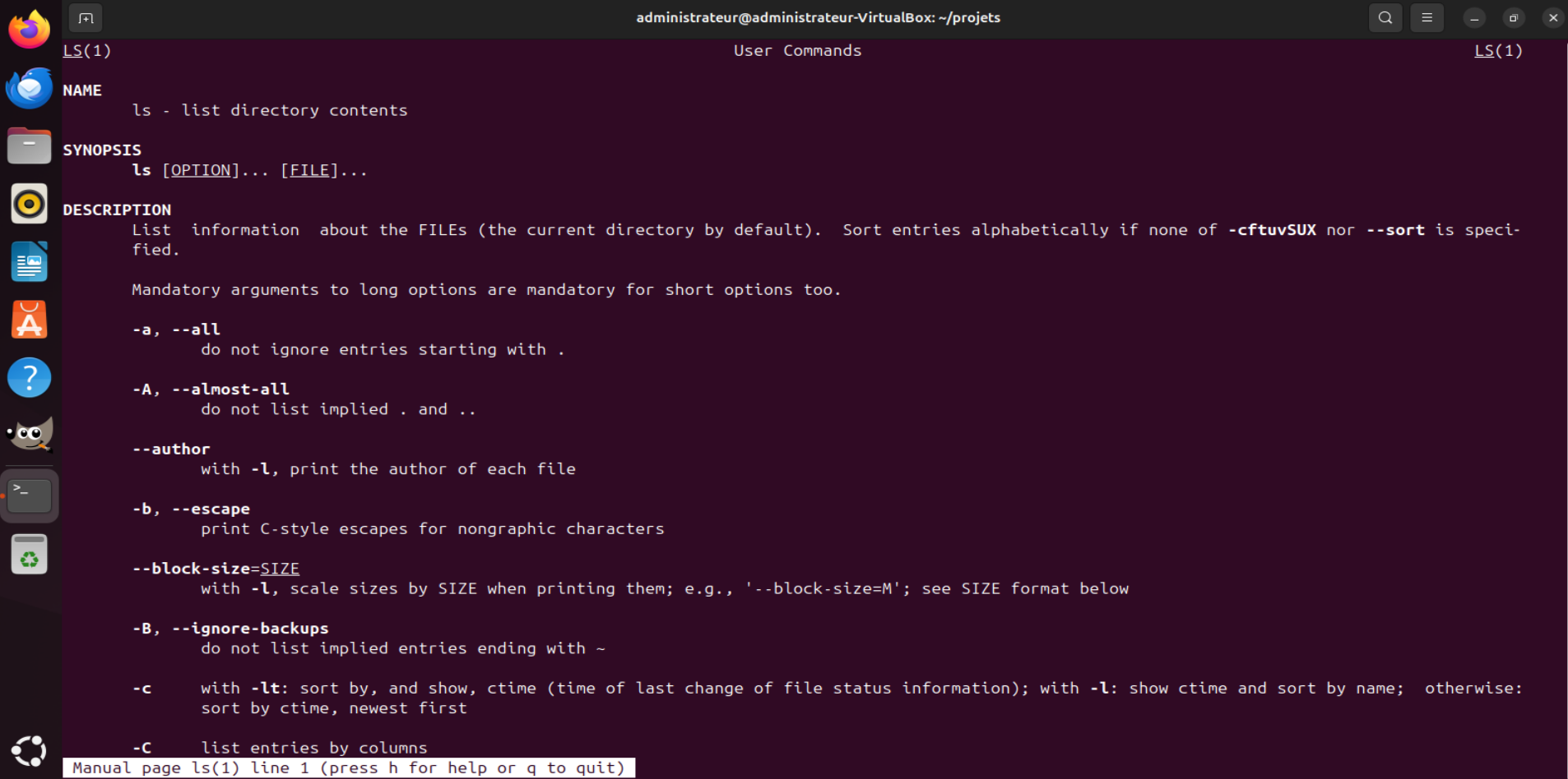 Exemple de documentation détaillée affichée suite à l'exécution de la commande man ls